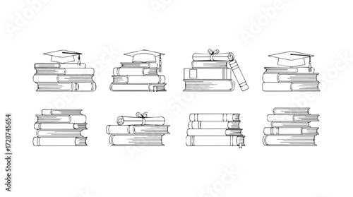 Collection of eight stacked books artfully arranged isolated on detailed sketch style vector