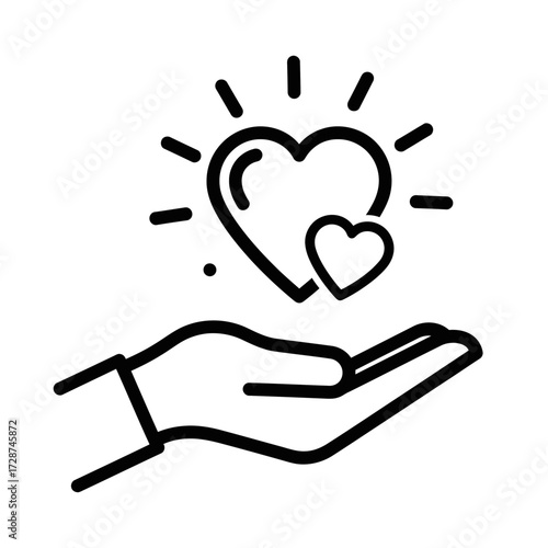 Hand holding two hearts, one larger and radiating light, symbolizing love and care.