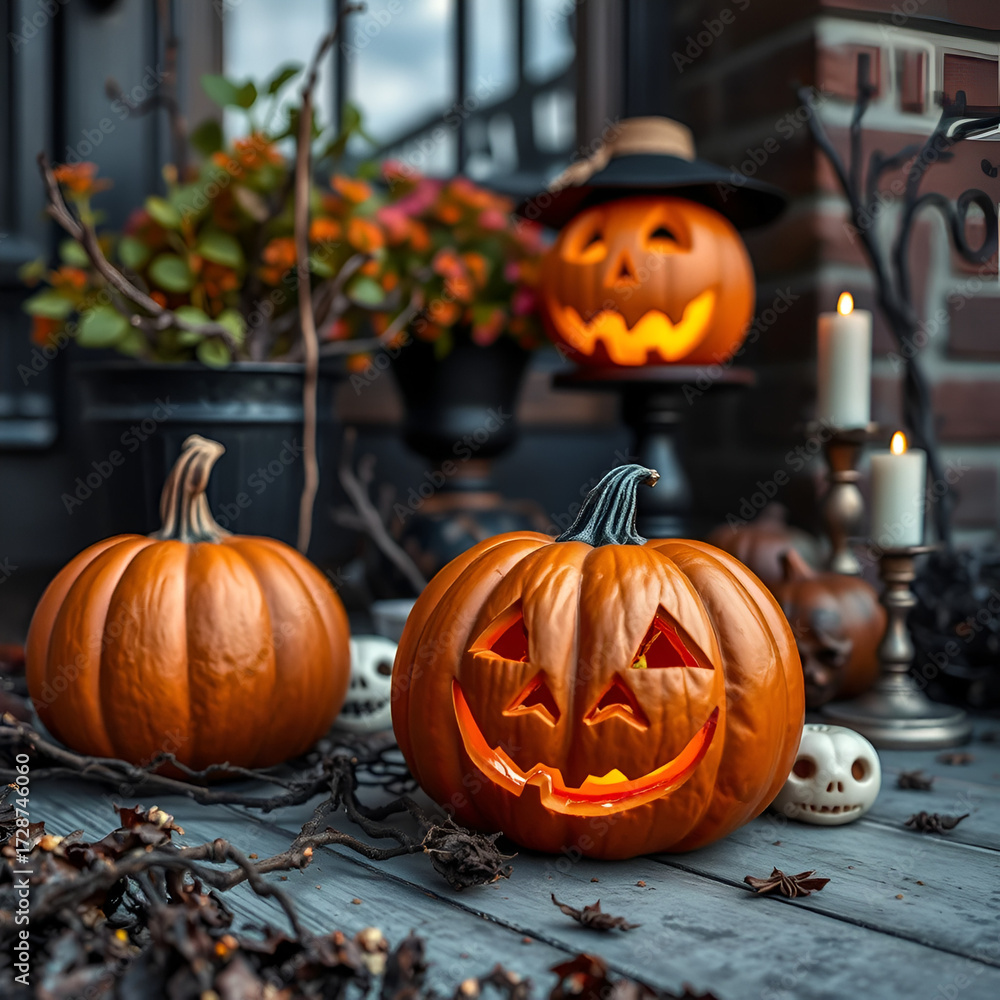 Obraz premium Spooky Halloween Scene with Carved Pumpkin and Decor