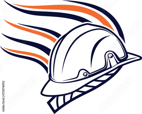 Vector art of stylized hard hat with dynamic lines suggesting speed and progress