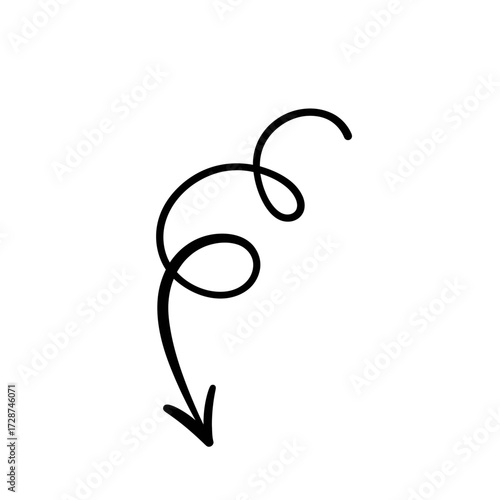Black spiral arrow pointing downwards, a simple hand-drawn illustration on white background.