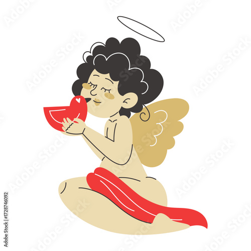 A cherub with a halo wings and a red sash holds a red heart