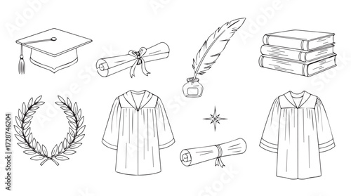 Academic graduation elements including cap gown scrolls quill inkwell and laurel wreath decorative graphics vector