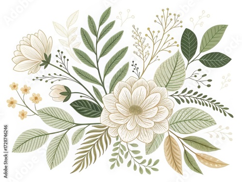 Elegant botanical floral illustration with beige flowers and green leaves on white background