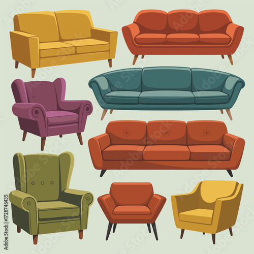 Assorted Mid Century Modern Sofas and Armchairs in Bright Hues Keywords: sofa, armchair, couch, furniture, mid century modern, retro, vintage