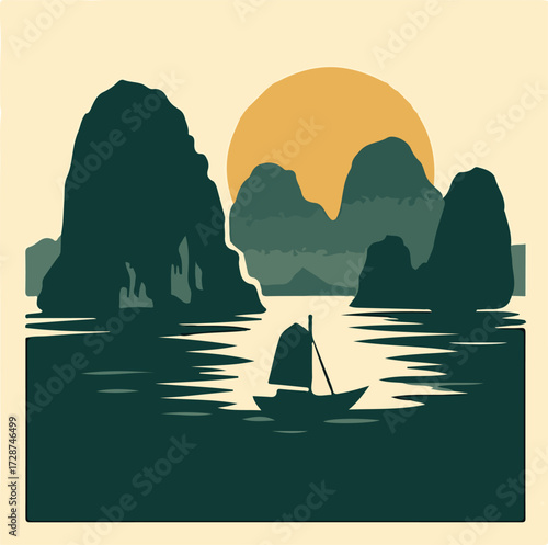 Ha Long Bay Vietnam — Limestone Karsts and Sailboat Vector Scene