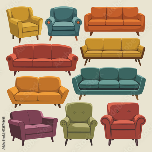 Assortment of Retro Sofas and Armchairs in Vibrant Colors Keywords: sofa, armchair, couch, furniture, mid century modern, retro, vintage, interior
