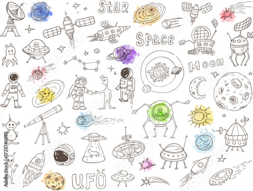 A collection of handdrawn illustrations of spacethemed objects and creatures with watercolor accents
