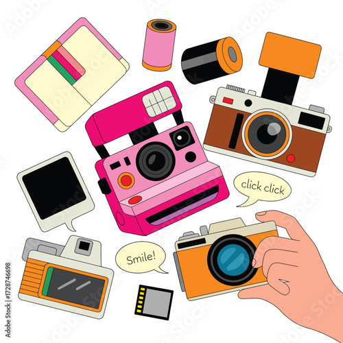 Assortment of Vintage Cameras and Photography Items Scattered on White Keywords: photography, cameras, vintage, retro, instant camera, film camera