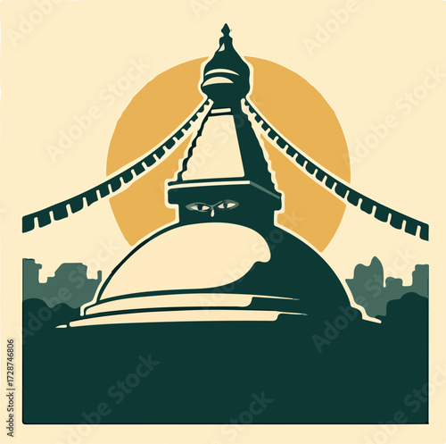 Buddhist Stupa with Prayer Flags — Nepal Landmark Travel Poster