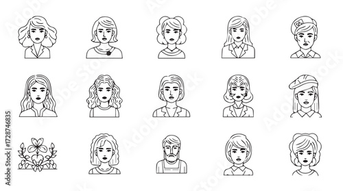 Collection of diverse hand drawn cartoon style female portraits sketch style black and white vector