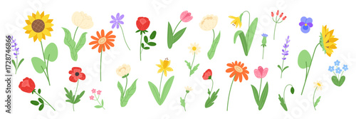 A collection of stylized colorful flowers and buds on a white background