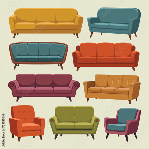 Collection of Retro Sofas and Armchairs in Various Colors and Styles couch furniture