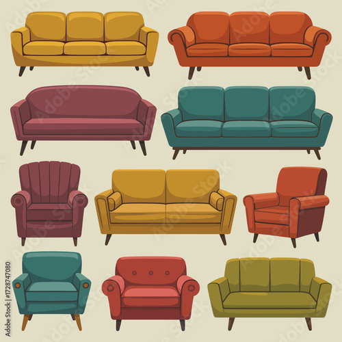 Collection of Retro Sofas and Armchairs in Various Colors couch furniture