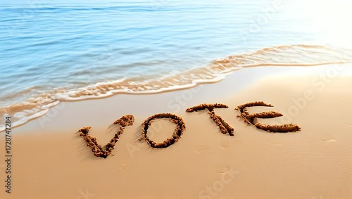 Encouraging Civic Engagement: The Word Vote Written in Sand on a Sunny Beach, with waves approaching