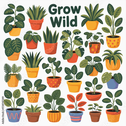 Diverse collection of houseplants in colorful pots with the text Grow Wild Keywords: houseplants, potted plants, indoor plants, green foliage