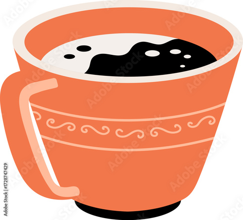 A cup of coffee with a white rim orange body with swirled design