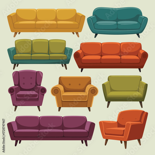 Diverse Selection of Vintage Sofas and Armchairs in Rich Hues couch furniture
