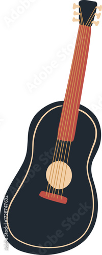 A dark blue acoustic guitar with red and gold strings