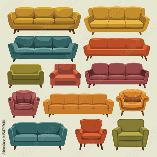 Ensemble of Mid- Century Modern Sofas and Armchairs in Bright Colors couch furniture