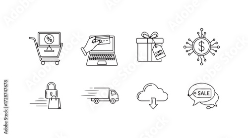 Hand-drawn e-commerce icons featuring shopping cart delivery gift cloud and payment options vector