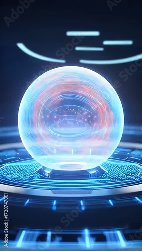 Futuristic energy orb animation with glowing blue technology background and effects, abstract