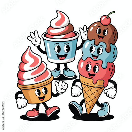 Group of anthropomorphic ice cream characters with different flavors and toppings