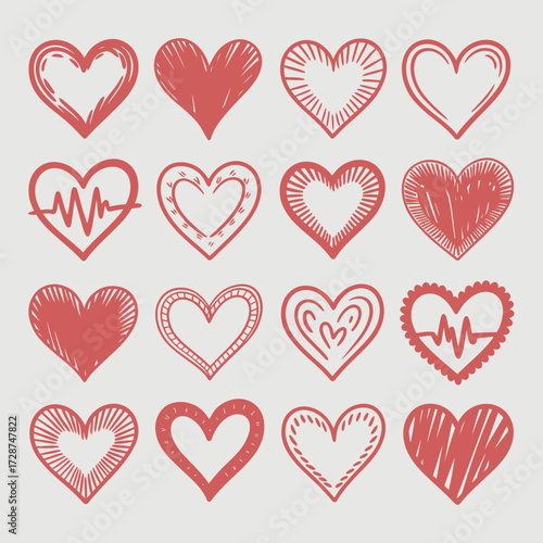 Grid of Hand Drawn Red Hearts and Heartbeat EKG Lines on Light Gray Background