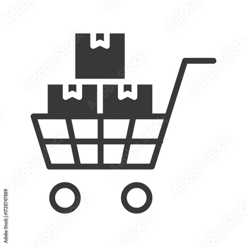 A dark grey icon depicts a shopping cart overflowing with stacked boxes