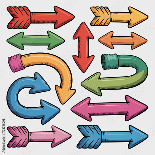 Group of hand drawn arrows including curved and straight designs Keywords: arrow, direction, sign, symbol, pointer, graphic, design, illustration