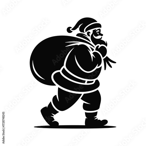Classic santa claus silhouette carrying a large gift bag walking happily forward