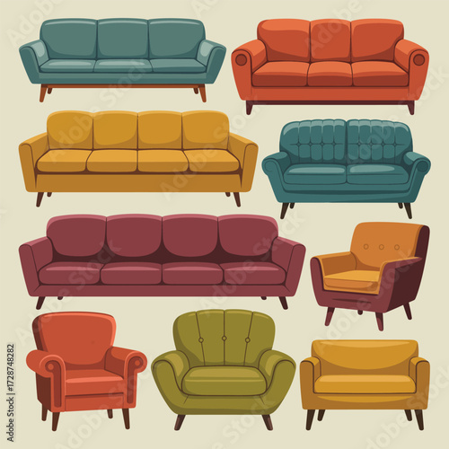 Group of Vintage Style Sofas and Armchairs in Earthy Tones Keywords: sofa, armchair, couch, furniture, mid century modern, retro, vintage, interior