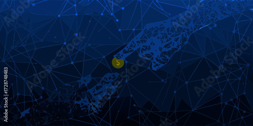 Digital abstract network connection between two hands exchanging a golden dollar coin symbolizing financial technology and global currency exchange