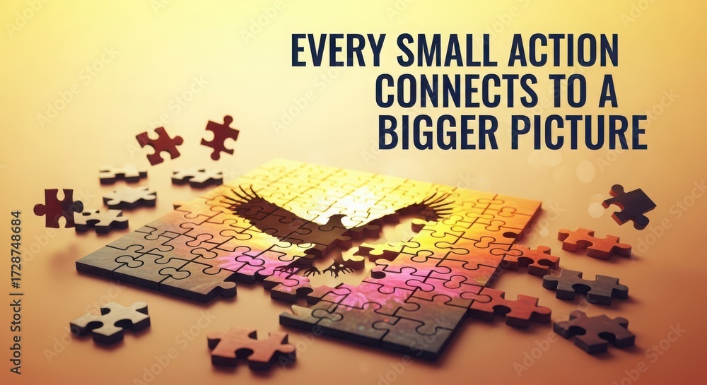Naklejka premium Motivational puzzle concept showing flying pieces forming a powerful message about collective impact and meaningful actions
