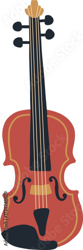 A flat illustration of a reddishbrown violin with dark blue tuning pegs and strings