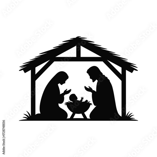 Silhouette nativity scene with jesus mary and joseph in stable religious christmas celebration