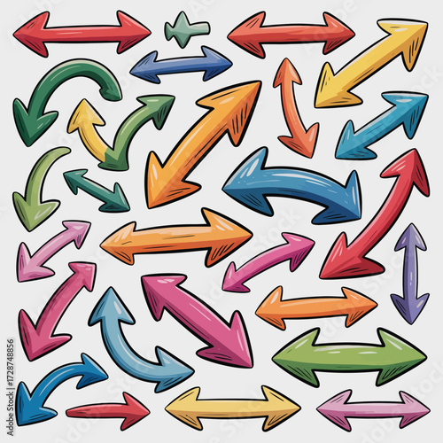 Large collection of hand drawn arrows in a variety of colors and styles Keywords: arrow, direction, sign, symbol, pointer, graphic, design