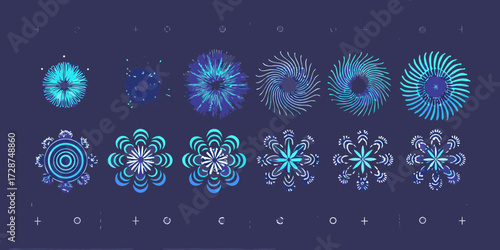 Collection of abstract blue and cyan floral and starburst shapes in a sequence of evolution and variation
