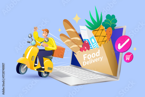 Order fresh food online and get it delivered to your door. This illustration shows a complete e commerce process, from shopping cart to a speedy courier arriving with your groceries and fresh produce.