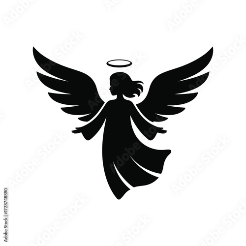 Silhouette of a graceful angel with wings spread and halo above head
