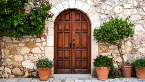 Aged stone wall with a wooden archway door. Lush plantings flank the entrance