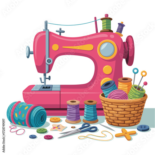 Pink sewing machine surrounded by threads, needles, scissors, buttons, and fabric