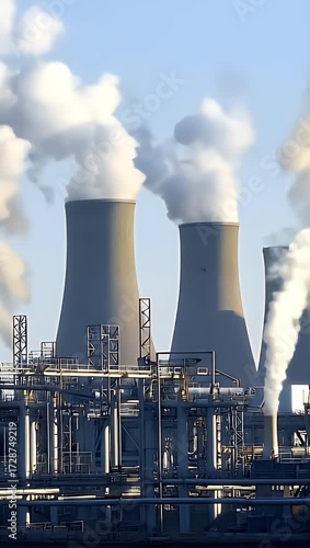 Industrial Power Plant with Chimneys Emitting Smoke into the Atmosphere on a Clear Day