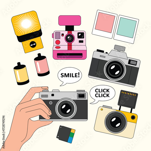 Retro Cameras and Photography Accessories Collection with Speech Bubbles Keywords: camera, photography, retro, vintage, film, flash, instant