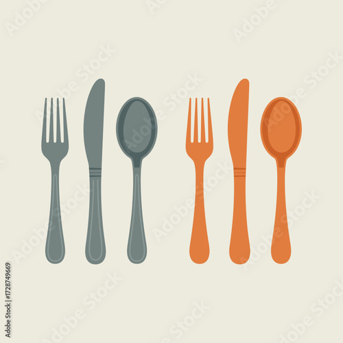 Six cutlery pieces, three grey and three orange, arranged in two rows on a neutral background