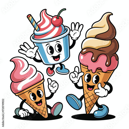 Three anthropomorphic ice cream characters waving and smiling on a white background