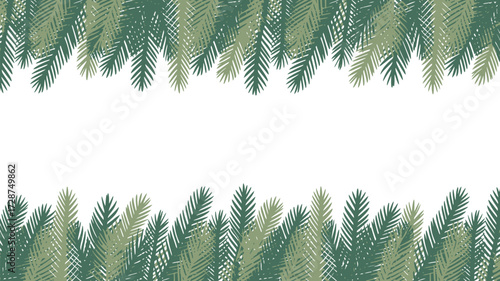 Illustration of green pine branches arranged at the top and bottom of a white background space