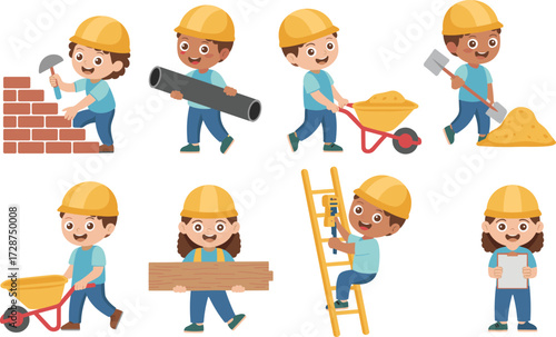 children, construction, workers, cartoon, teamwork, safety, hardhat, building, tools, shovel, wheelbarrow, ladder, pipe, plank, hammer, teamwork, education, labor, kids, activity