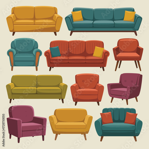 Variety of colorful mid-century modern sofas and armchairs with pillows couch furniture