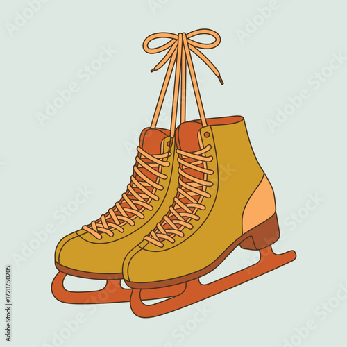 Vintage Style Ice Skates Hanging by Laces on a Light Blue Background figure skates